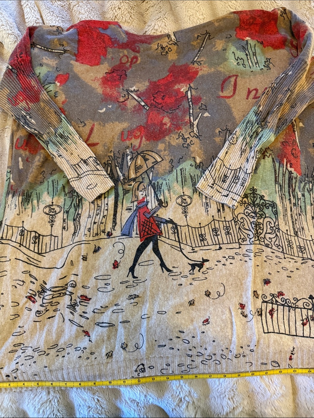 Printed DeFrench Walk in the Rain Park Sweater with dog accent .. artwork piece